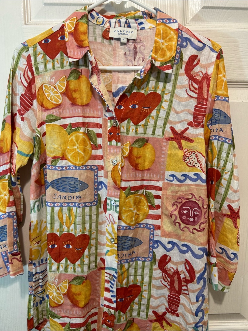 Calypso St. Barth Women’s Linen Rayon Button-Up Blouse Novelty Print Size Small